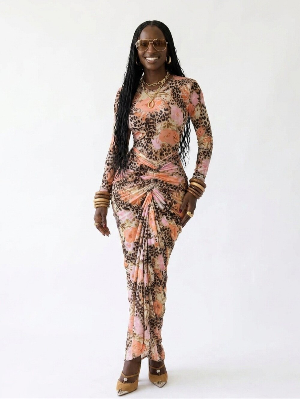 Floral Leopard Ruched Long Sleeve Maxi Dress - Pink & Peach